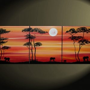 Abstract Sunset Painting African Elephant and Gazelle Art Acacia Trees Red Orange Black Triptych Original Silhouette Wall Art Custom 48x20