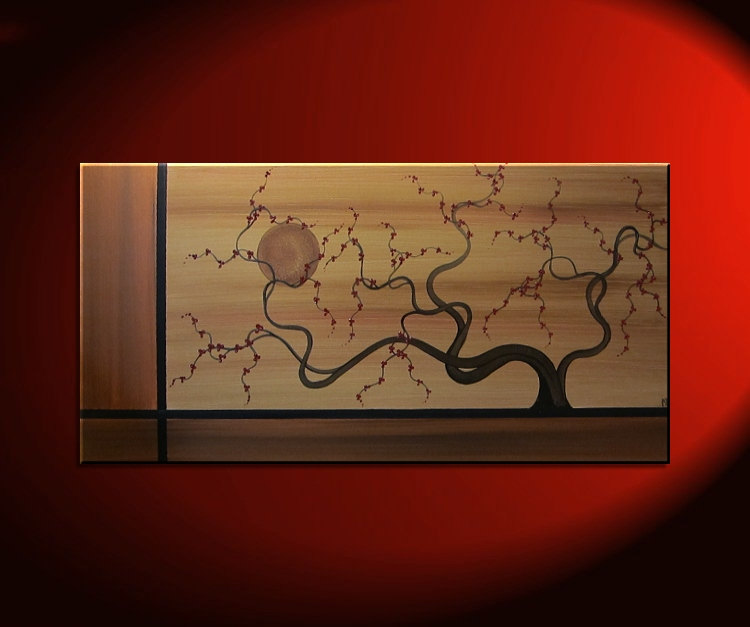 Abstract Tree Painting Large Earth Tones Brown Copper Gold Tan with Burgundy Blossoms Elegant Art 48x24 Mails Quickly