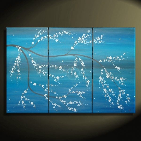 Acrylic Original Painting Blue Modern Art Cherry Blossom Chinese Zen Style Original Art Custom Triptych Painting Multiple Canvases 45x30