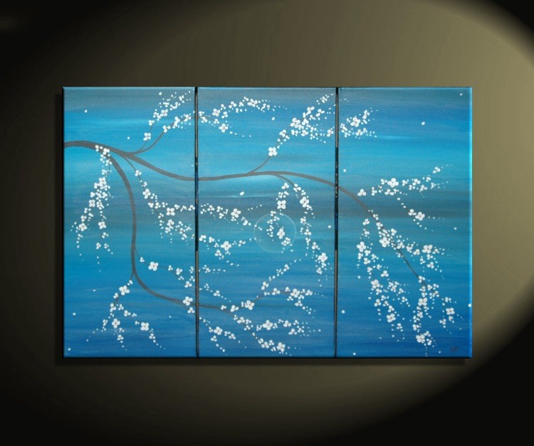 Acrylic Original Painting Blue Modern Art Cherry Blossom Chinese Zen Style Original Art Custom Triptych Painting Multiple Canvases 45x30