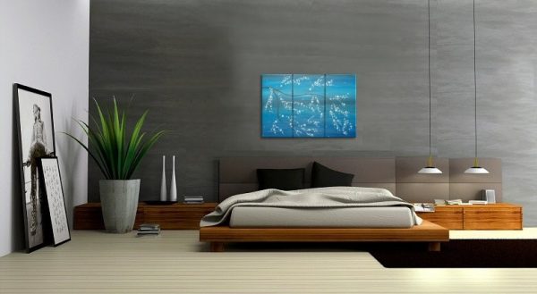 Acrylic Original Painting Blue Modern Art Cherry Blossom Chinese Zen Style Original Art Custom Triptych Painting Multiple Canvases 45x30