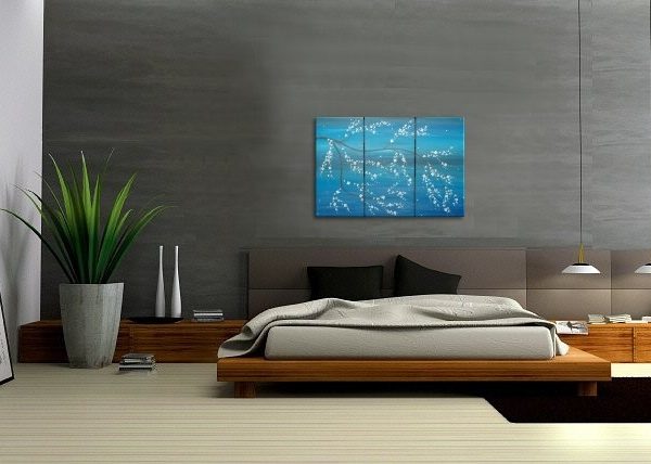 Acrylic Original Painting Blue Modern Art Cherry Blossom Chinese Zen Style Original Art Custom Triptych Painting Multiple Canvases 45x30