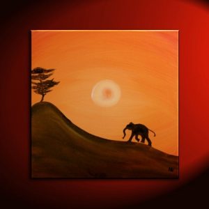 African Baby Elephant Silhouette Painting Acacia Tree Art Original Hill and Sun Orange Yellow Custom 30x30