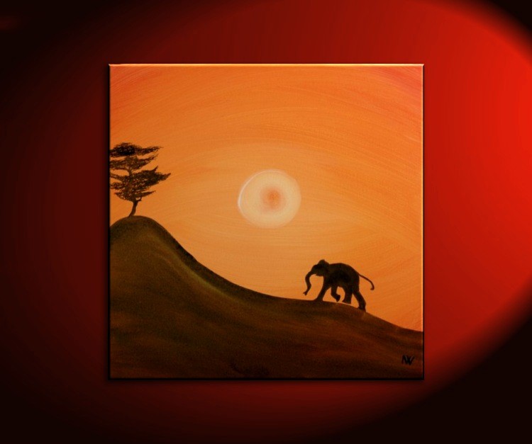 African Baby Elephant Silhouette Painting Acacia Tree Art Original Hill and Sun Orange Yellow Custom 30x30