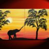 African Elephant Silhouette Painting Sunset Tree Art Original Dusk Evening Sun over two Canvases Mood Setting Wall Art Custom 32x20