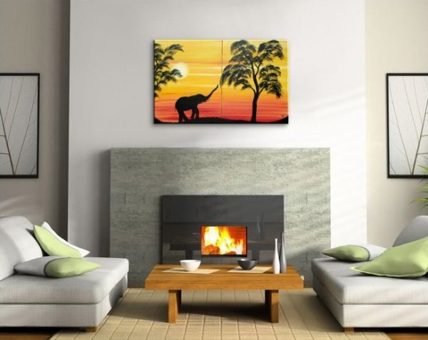 African Elephant Silhouette Painting Sunset Tree Art Original Dusk Evening Sun over two Canvases Mood Setting Wall Art Custom 32x20