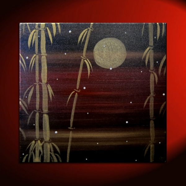Bamboo Painting Winter Art Triptych Painting Black and Gold Original Asian Style Zen Chinese Painting Sunset 18x18