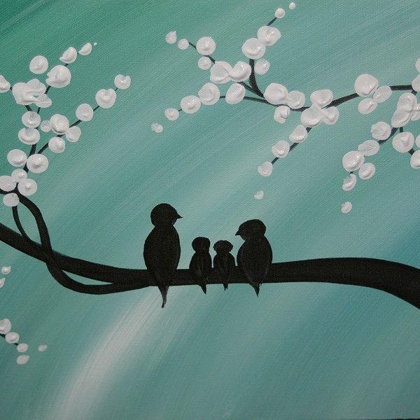 Bird Family Painting Original Modern Textured Tree Blossom Art Blue Sky on Stretched Canvas Custom Personalized 36x12