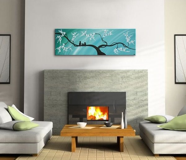Bird Family Painting Original Modern Textured Tree Blossom Art Blue Sky on Stretched Canvas Custom Personalized 36x12