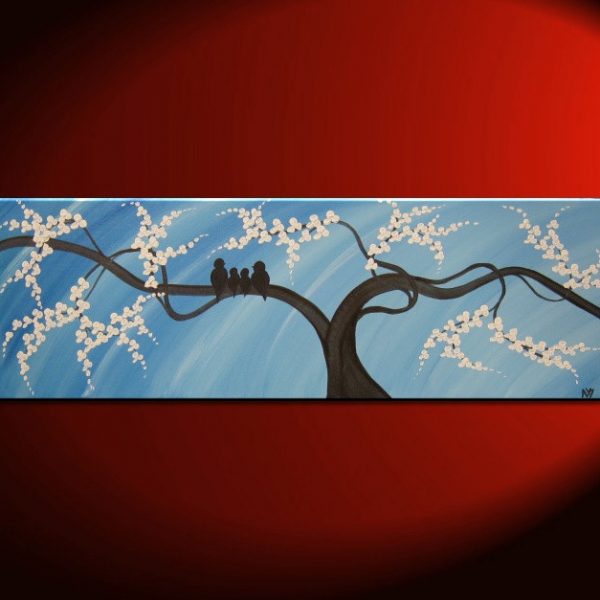 Bird Family Painting Original Modern Textured Tree Blossom Art Blue Sky on Stretched Canvas Ready To Ship 36x12