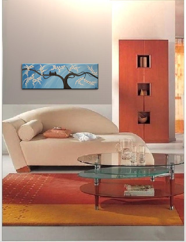 Bird Family Painting Original Modern Textured Tree Blossom Art Blue Sky on Stretched Canvas Ready To Ship 36x12