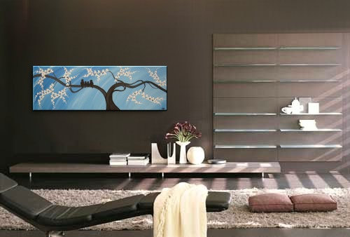 Bird Family Painting Original Modern Textured Tree Blossom Art Blue Sky on Stretched Canvas Ready To Ship 36x12