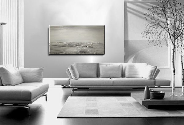 Black and White Seascape Grey Ocean Art Large Ocean Painting Calm Seas Wide Layout 48x24 Custom