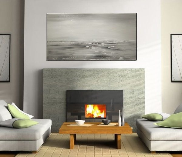 Black and White Seascape Grey Ocean Art Large Ocean Painting Calm Seas Wide Layout 48x24 Custom