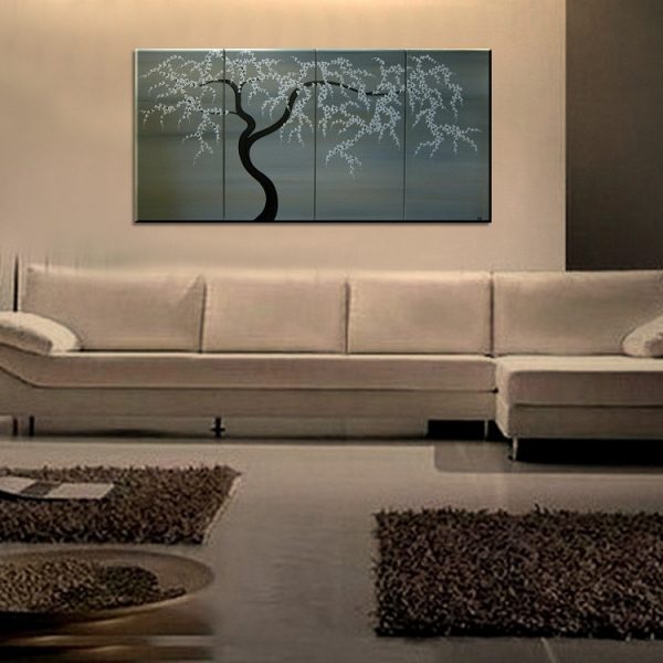Black and White Tree Painting Spring Plum Blossom Art Soft Earthy Neutrals Original Modern Abstract Asian Style Art 60x30 Ships Quickly