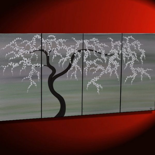 Black and White Tree Painting Spring Plum Blossom Art Soft Earthy Neutrals Original Modern Abstract Asian Style Art 60x30 Ships Quickly