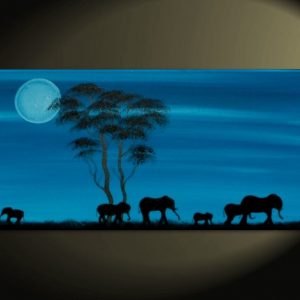 Blue Painting African Elephant Art Moon Acacia Trees Safari Memories Painting Custom Wall Art Home Decor 30x15