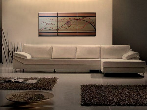 Cherry Blossom Painting Large Gold Tan Brown Tree with Red Cherry Blossoms Triptych Branch Art 48x20 Custom
