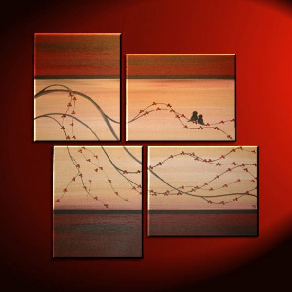 Cherry Blossom Painting Love Bird Art Original Asian Style Modern Abstract Branch Red and Gold Textured Four Canvases 47x37 Custom