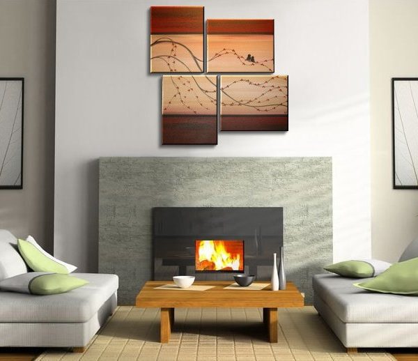 Cherry Blossom Painting Love Bird Art Original Asian Style Modern Abstract Branch Red and Gold Textured Four Canvases 47x37 Custom