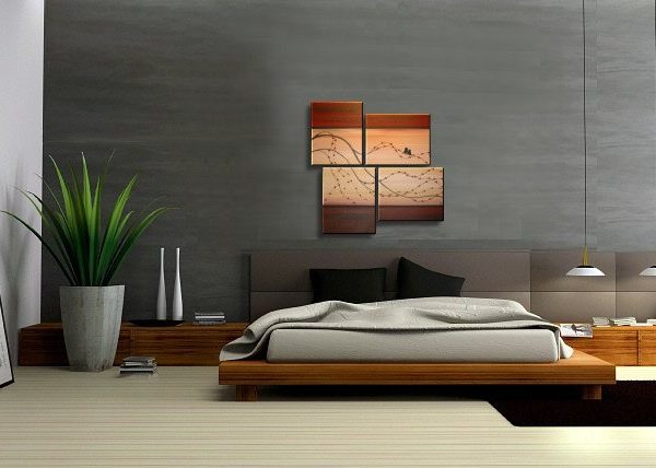 Cherry Blossom Painting Love Bird Art Original Asian Style Modern Abstract Branch Red and Gold Textured Four Canvases 47x37 Custom
