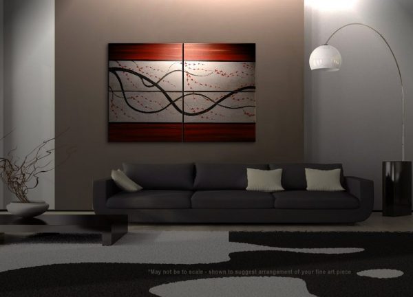 Cherry Blossom Painting Zen Large Art Asian Contemporary Original HUGE red and silver Elegant Home Decor Wall Art Custom 72x48