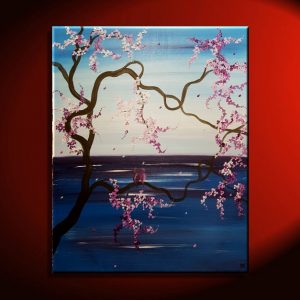 Cherry Blossom Seascape with Love Birds Blue and Purple Original Painting Beautiful Art 32x26