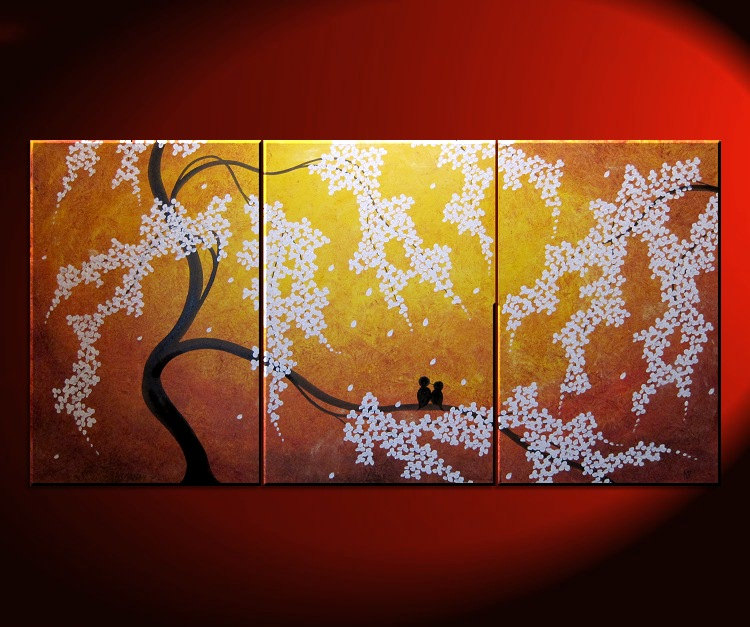 Cherry Tree Art HUGE Cherry Blossom Painting Sunny Yellow Love Birds Zen Asian Style Golden Textured Impasto Wall Art 72x36 Custom