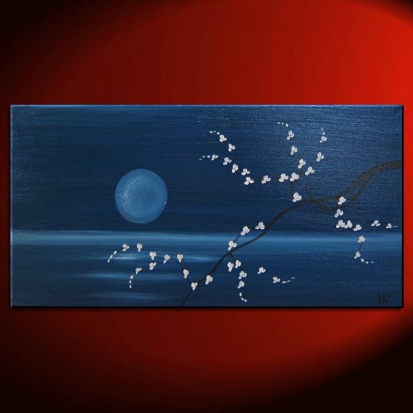 Custom 48x24 Deep Blue Sea and Cherry Blossom Painting Large Size Original Art Ocean and Moon