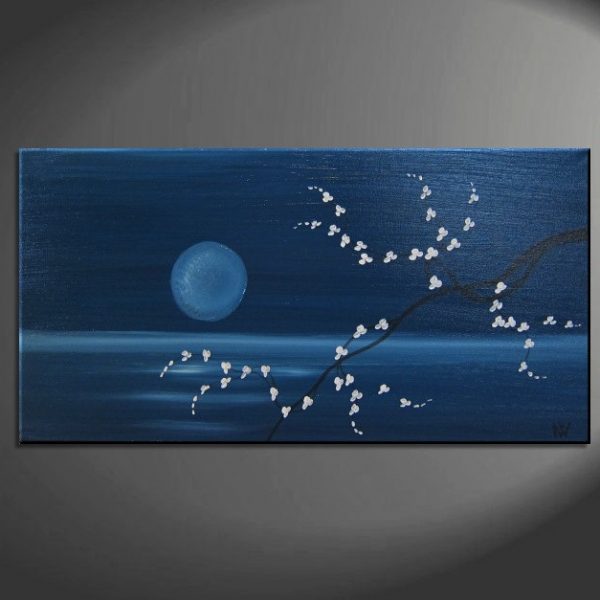Custom 48x24 Deep Blue Sea and Cherry Blossom Painting Large Size Original Art Ocean and Moon