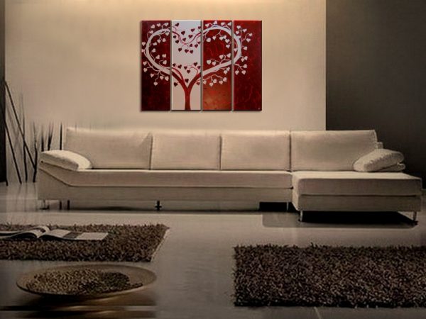Deep Red Heart Love Tree Painting Red and White Modern Abstract Art Large 48x36 Wedding Anniversary Gift CUSTOM