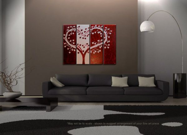 Deep Red Heart Love Tree Painting Red and White Modern Abstract Art Large 48x36 Wedding Anniversary Gift CUSTOM