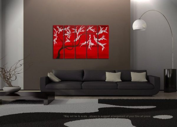 Elegant Cherry Blossom Painting Modern Flower Painting Abstract HUGE Original Textured Impasto Art Large Red Black and White Custom 60x36