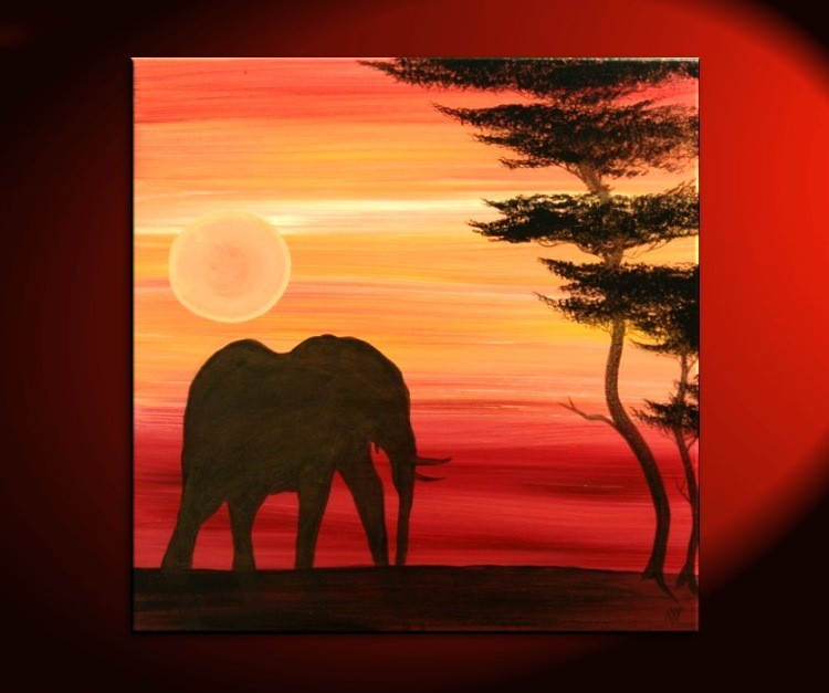 Elephant Painting Sunset Silhouette African Acacia Tree Savanna Urban Art  Original Custom 30x30 - Art by Nathalie Van