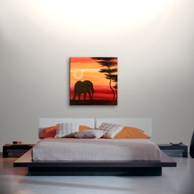 Elephant Painting Sunset Silhouette African Acacia Tree Savanna Urban Art Original Custom 30x30