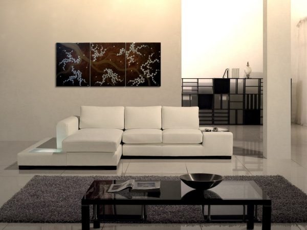 Fine Art Painting Cherry Blossom Tree Art Modern Contemporary Painting Espresso Brown and Cream White Flower Petals 48x20
