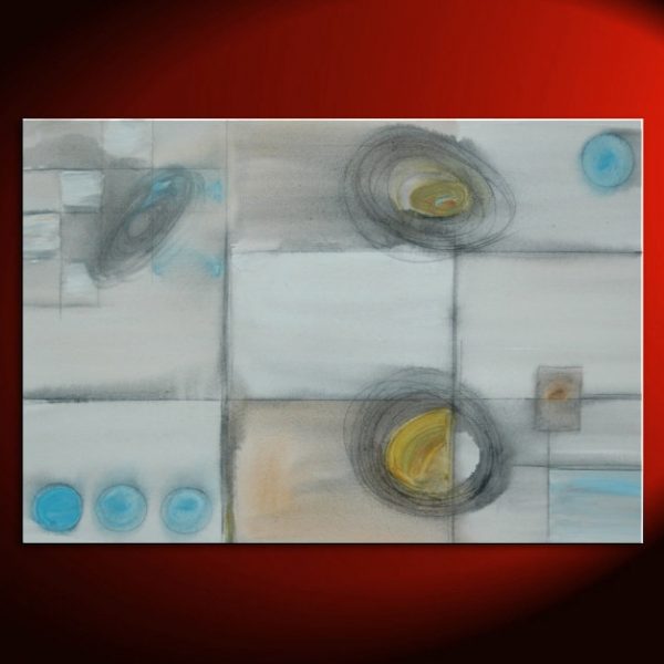 Geometric Abstract Painting Circles and Lines Art on Stretched Canvas White Blue Yellow Charcoal Custom 36x24
