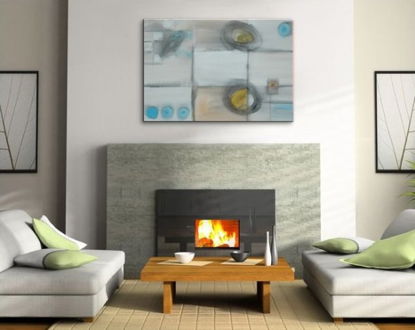 Geometric Abstract Painting Circles and Lines Art on Stretched Canvas White Blue Yellow Charcoal Custom 36x24