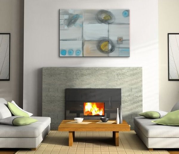 Geometric Abstract Painting Circles and Lines Art on Stretched Canvas White Blue Yellow Charcoal Custom 36x24