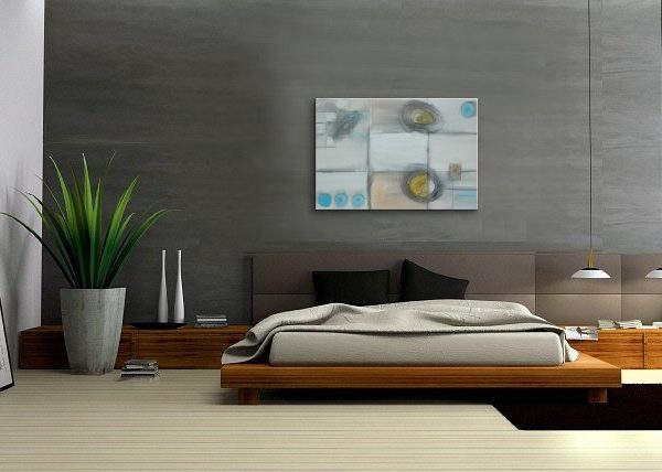 Geometric Abstract Painting Circles and Lines Art on Stretched Canvas White Blue Yellow Charcoal Custom 36x24