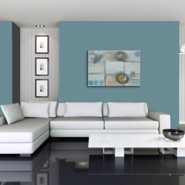 Geometric Abstract Painting Circles and Lines Art on Stretched Canvas White Blue Yellow Charcoal Custom 36x24
