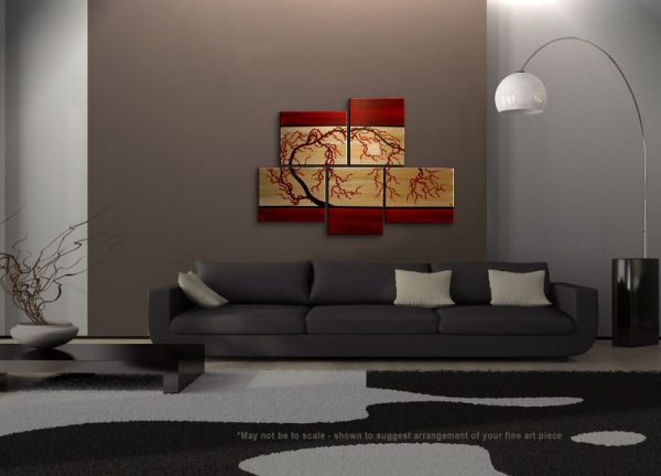 HUGE Zen Wall Art Red and Gold Large Painting Contemporary Abstract Asian Fusion Gnarly Plum Blossom Art Custom 56x40