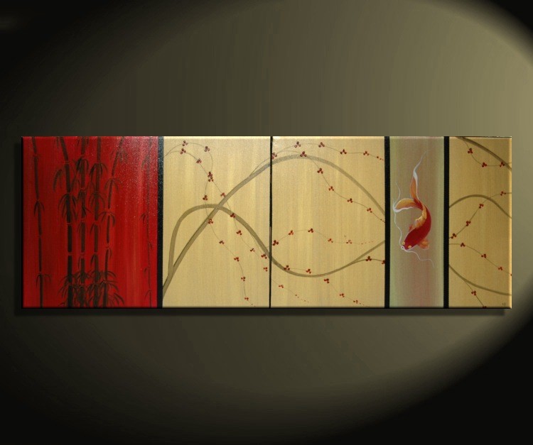 Koi Fish Art Cherry Blossom Painting Large Gold and Red Chinese Zen Style Original Modern Asian Fusion Custom 72x24
