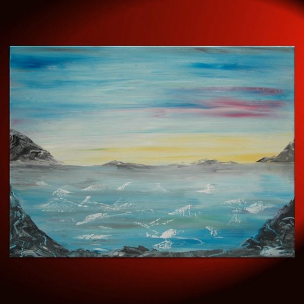 Large Abstract Seascape Painting with Hills Blue Yellow Purple Original Palette Knife Art Ships Fast Oversized Artwork 48x36
