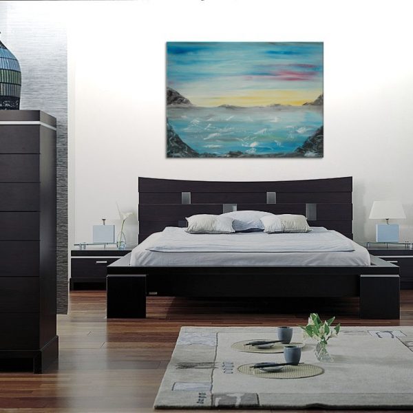 Large Abstract Seascape Painting with Hills Blue Yellow Purple Original Palette Knife Art Ships Fast Oversized Artwork 48x36