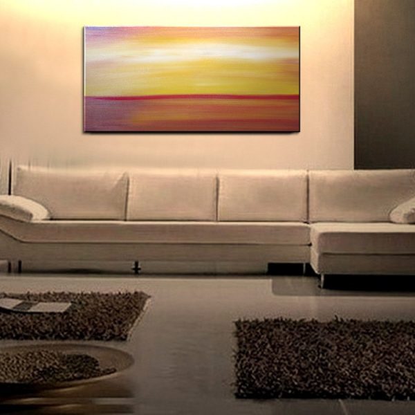 Large Abstract Seascape Sunset Yellow Orange Painting Calming Happy Seas Ships Immediately HUGE 48x24