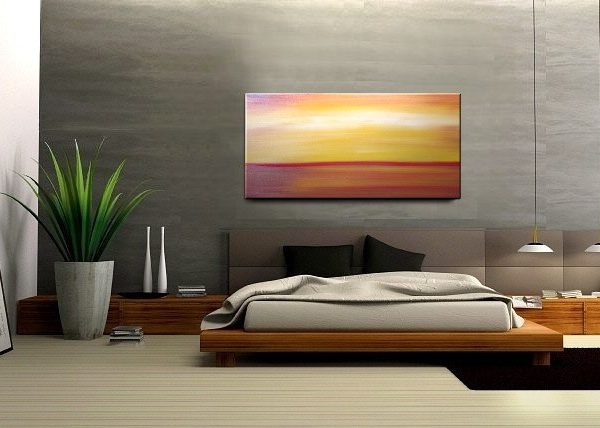 Large Abstract Seascape Sunset Yellow Orange Painting Calming Happy Seas Ships Immediately HUGE 48x24