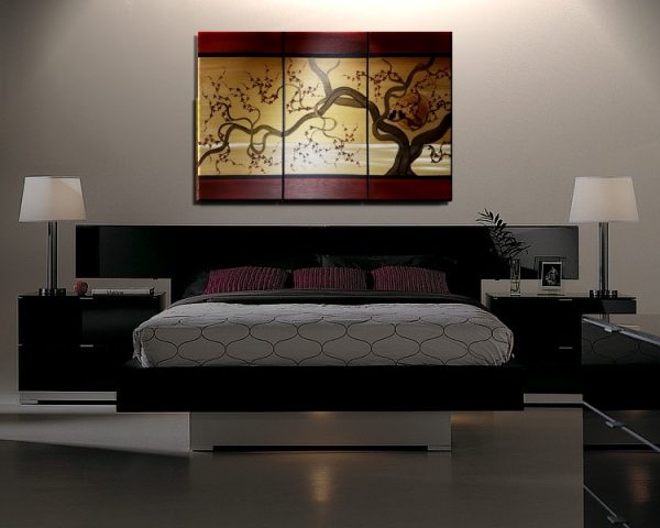Large Acrylic Painting Love birds in Cherry Blossom Tree Burgundy Red and Gold Seascape Wall Decor 45x30 Custom