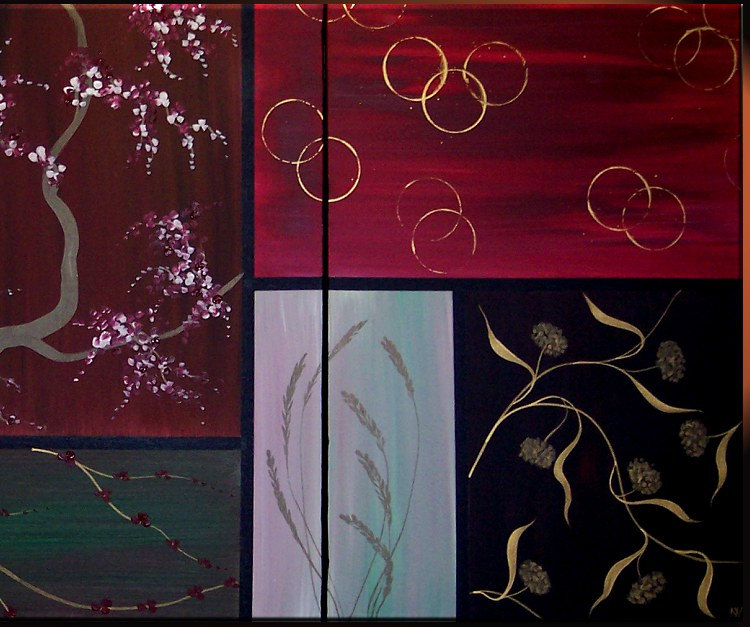 Large Asian Painting Chinese Zen Style Art Bamboo Wheat and Cherry Blossoms Deep Rich Burgundy Wine Green Grey Custom 72x36