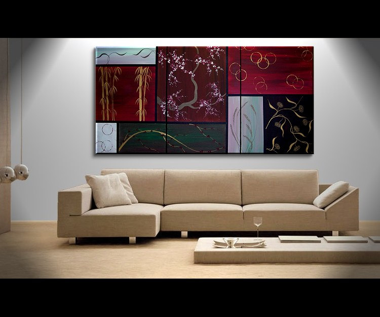Large Asian Painting Chinese Zen Style Art Bamboo Wheat and Cherry Blossoms Deep Rich Burgundy Wine Green Grey Custom 72x36